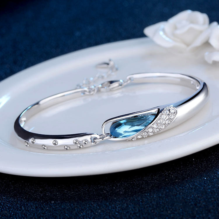 Adjustable Water Drop Bangle Bracelet 925 Sterling Silver Austrian Crystal