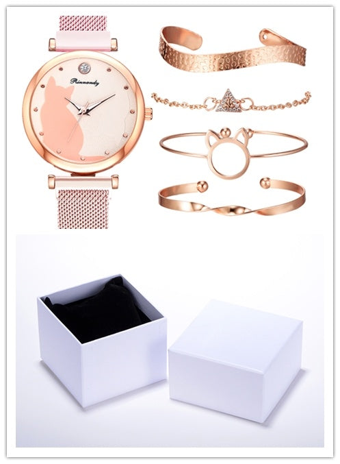 Women's 5-Piece Rose Gold Mesh Watch and Bracelet Set