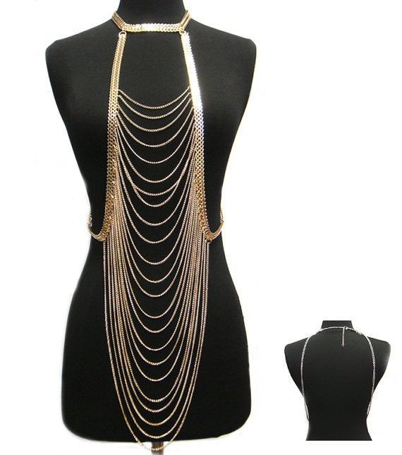 Long Layered Halter Body Chain - Gold & Silver