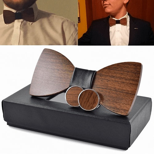 3D Wood Bow Tie Cufflinks Set