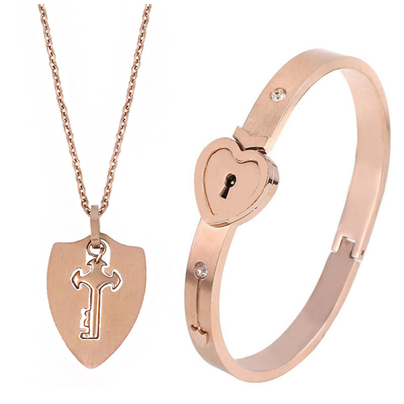 Fashionable Titanium Steel Couple Love Lock Jewelry Set
