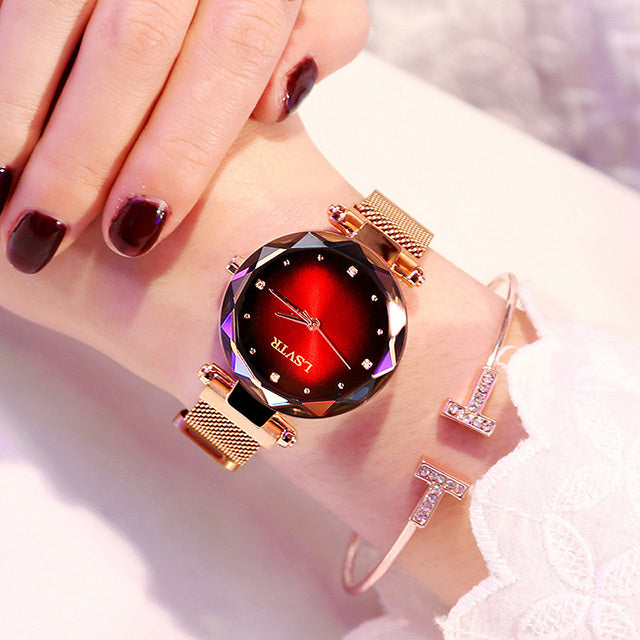 Dazzling Rose Gold Starry Sky Magnet Watch for Women