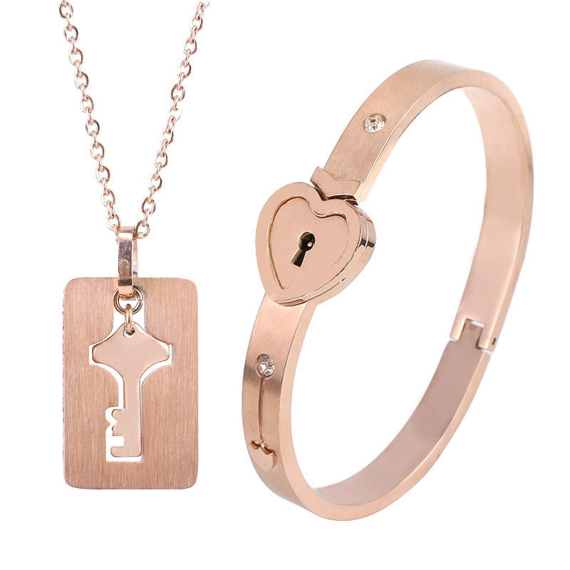 Fashionable Titanium Steel Couple Love Lock Jewelry Set