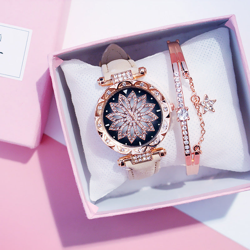 Trendy Rotating Quartz Watch & Crystal Bracelet Set for Ladies
