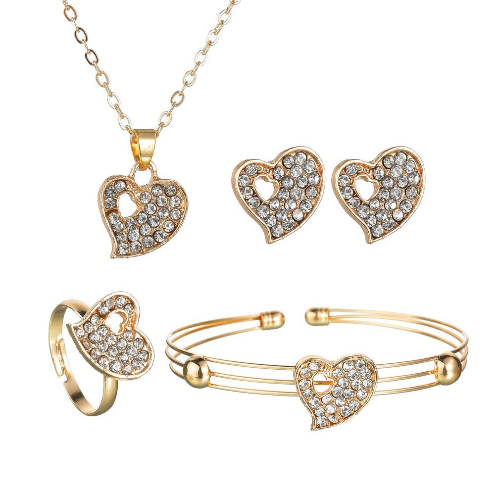 4 Pcs Gold Color Hollow Heart Crystal Jewelry Set