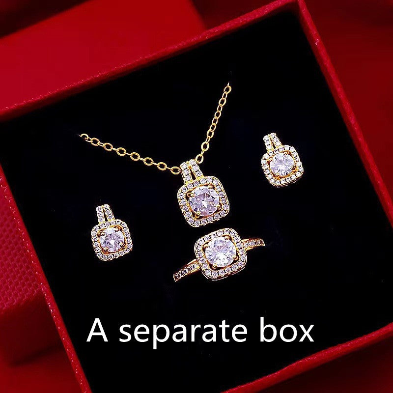Gold Color Zircon Gem Jewelry Set - Necklace, Stud Earrings & Statement Ring