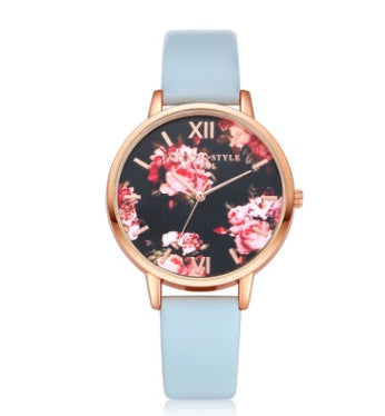Charming Flower Dial Leather Strap Quartz Watch