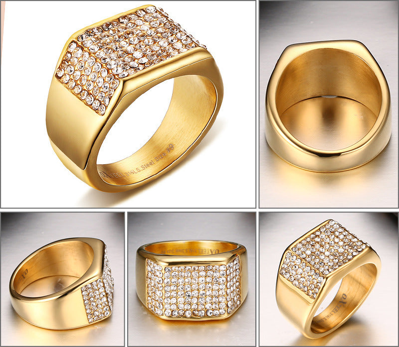 Men's Gold Stainless Steel Crystal Ring