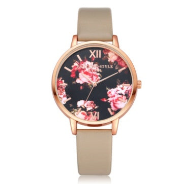 Charming Flower Dial Leather Strap Quartz Watch