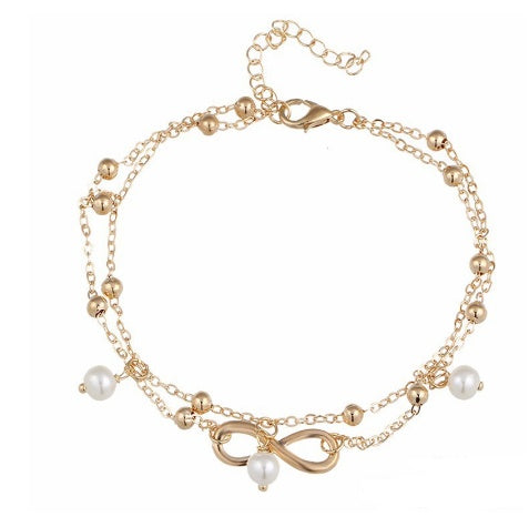 Infinity Double Layer Pearl Gold-Tone Anklet