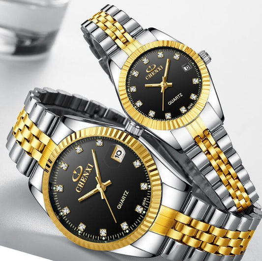 Elegant Golden Stainless Steel Couple Watch