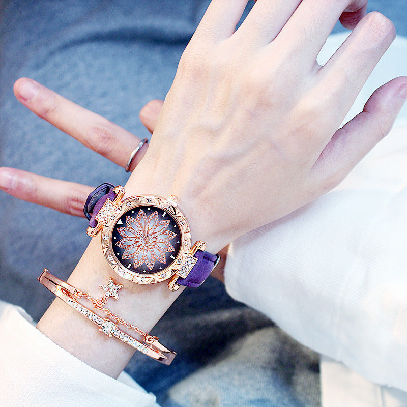 Trendy Rotating Quartz Watch & Crystal Bracelet Set for Ladies