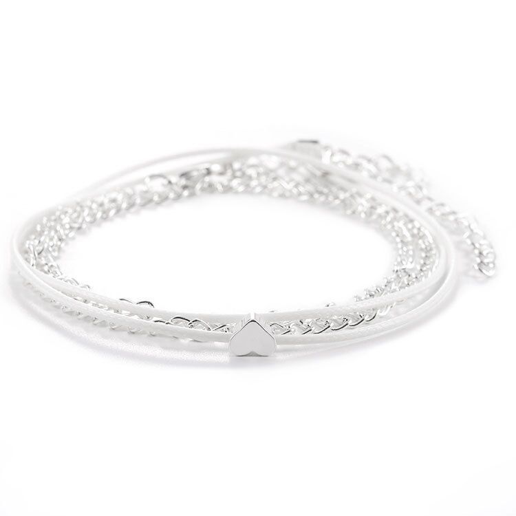 Boho Layered Silver Heart Anklet