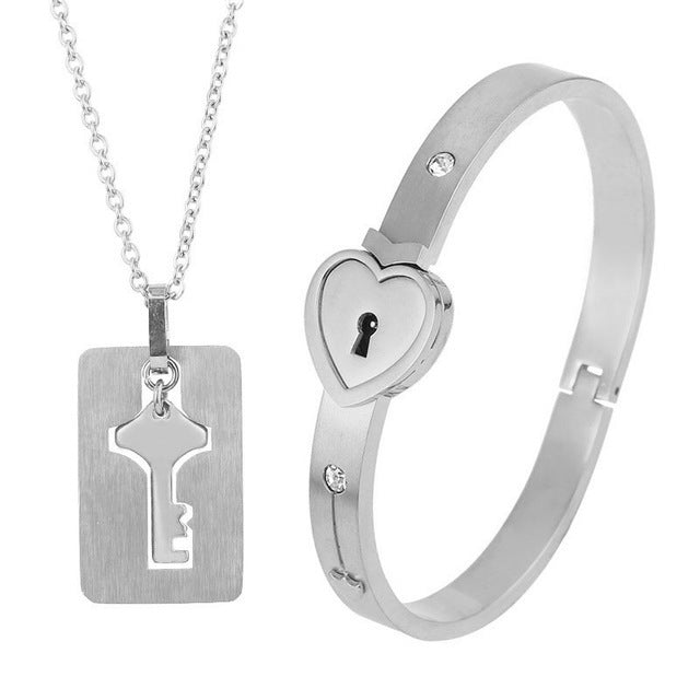 Fashionable Titanium Steel Couple Love Lock Jewelry Set