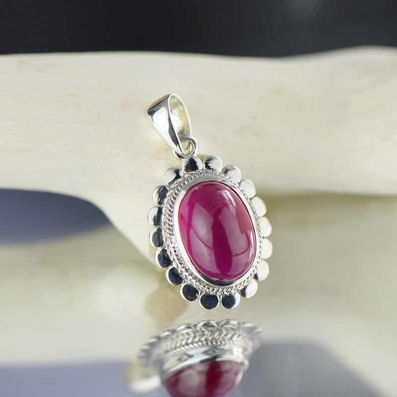 Silver Ruby Oval Gemstone Statement Pendant