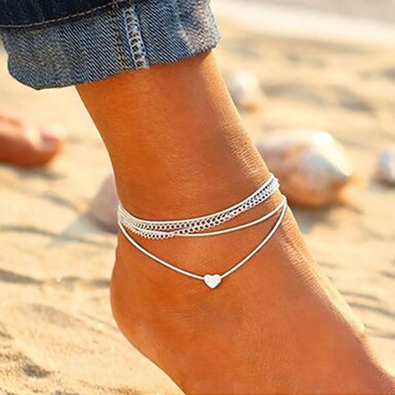 Boho Layered Silver Heart Anklet