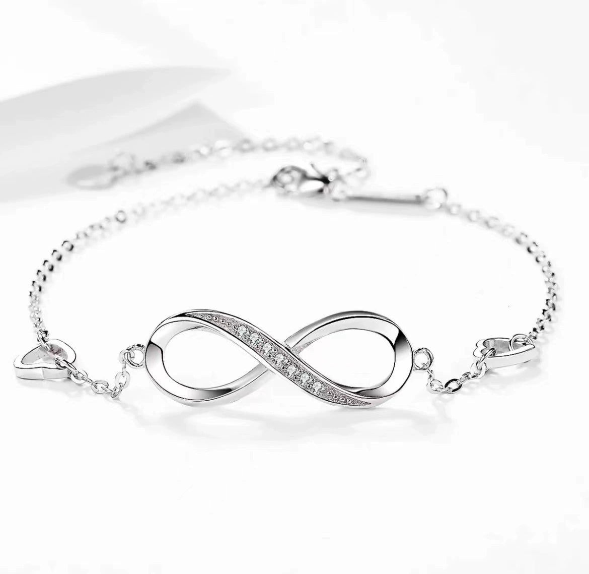 Infinity Bracelet with Hearts 925 Sterling Silver Zirconia