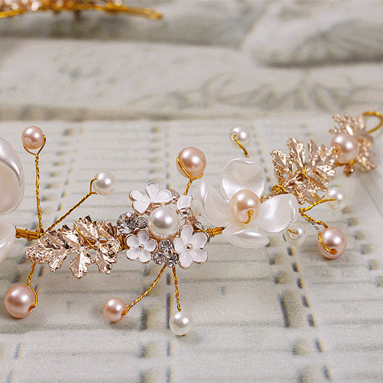 Luxurious Pearl and Ceramic Golden Hoop Wedding Headdress