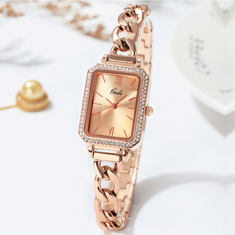 Striking Square Watch with Rhinestones and Denim Detail