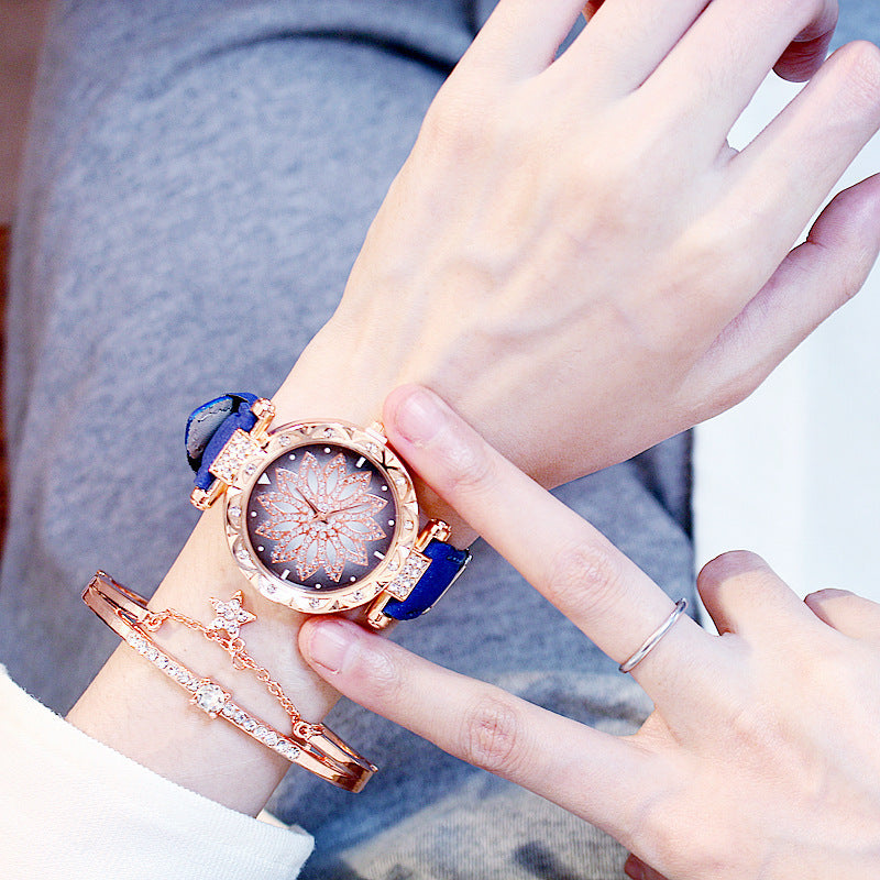 Trendy Rotating Quartz Watch & Crystal Bracelet Set for Ladies