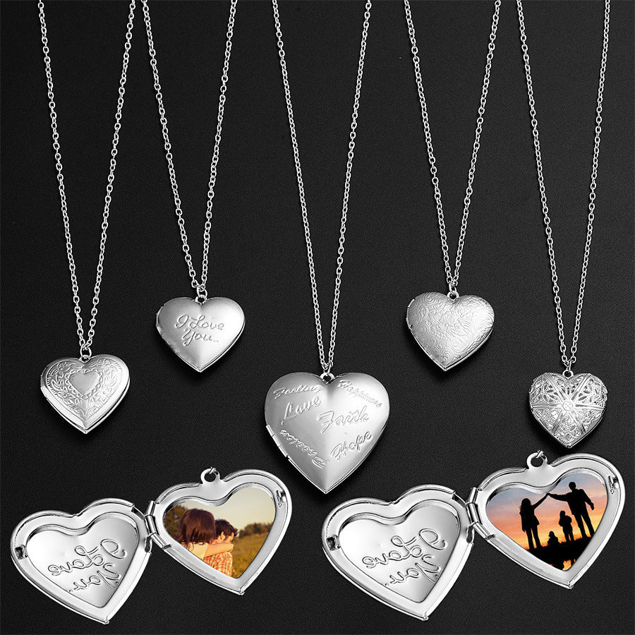 Carved Design Love Heart Photo Frame Pendant Necklace - Personalized Family Jewelry