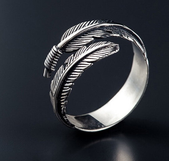 Adjustable Antique Feather Ring 925 Sterling Silver