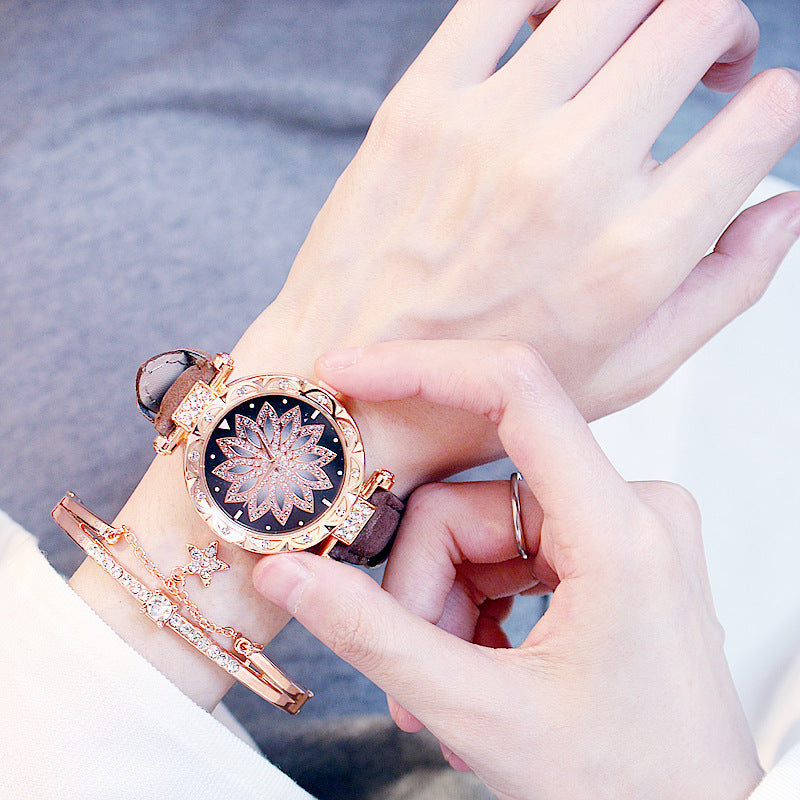 Trendy Rotating Quartz Watch & Crystal Bracelet Set for Ladies