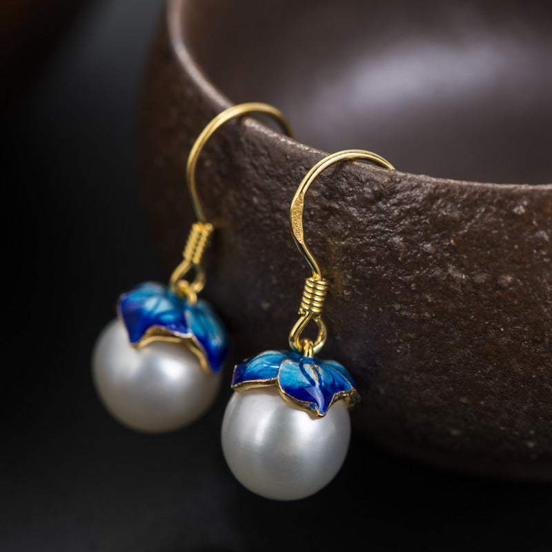 Beautiful White Pearl Blue Gold Lotus Flower Earrings