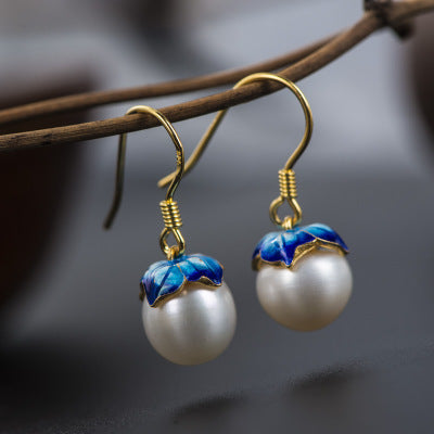 Beautiful White Pearl Blue Gold Lotus Flower Earrings