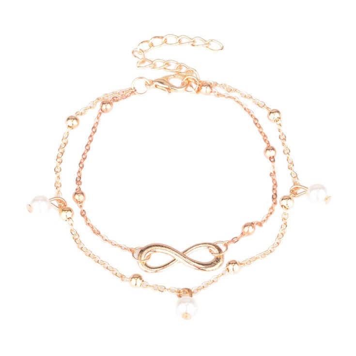 Infinity Double Layer Pearl Gold-Tone Anklet