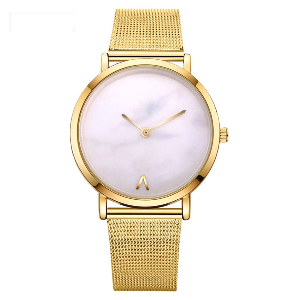 Chic Marble Dial Quartz Watch with Mesh Band