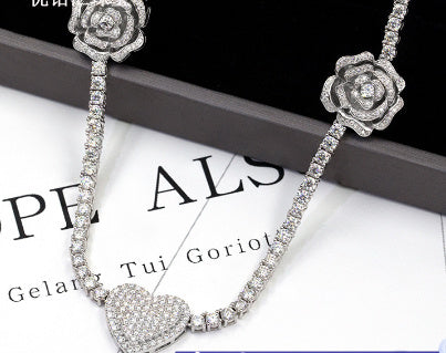 Exquisite 100% Authentic Moissanite Tennis Chain with Heart and Rose Design
