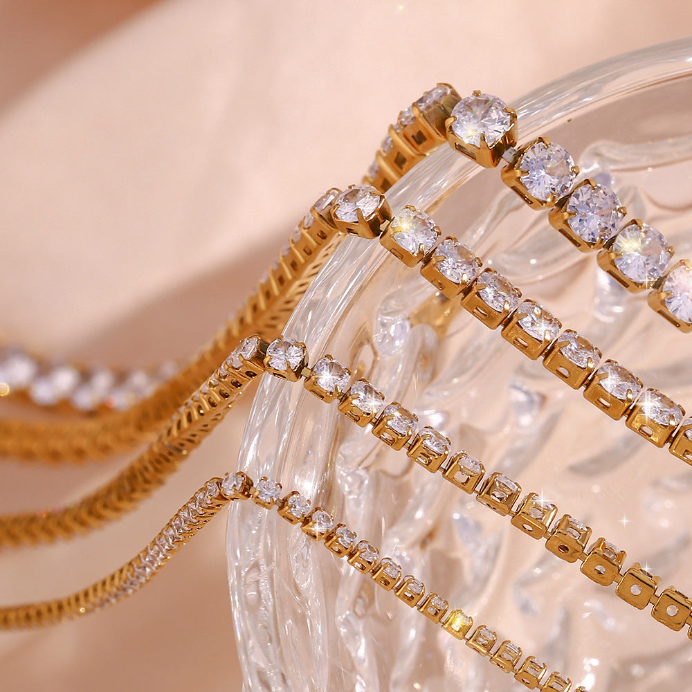 Sleek Gold-Plated Stainless Steel & Zircon Fashion Necklace and Bracelet