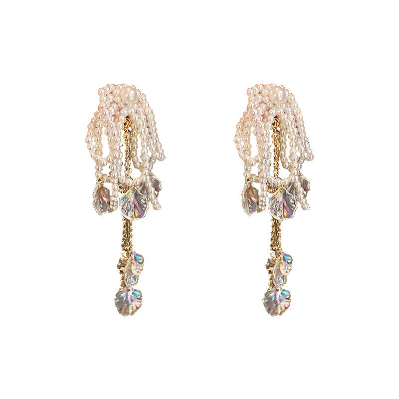 Exaggerated Long Pearl & Shell Bow Tassel Earrings