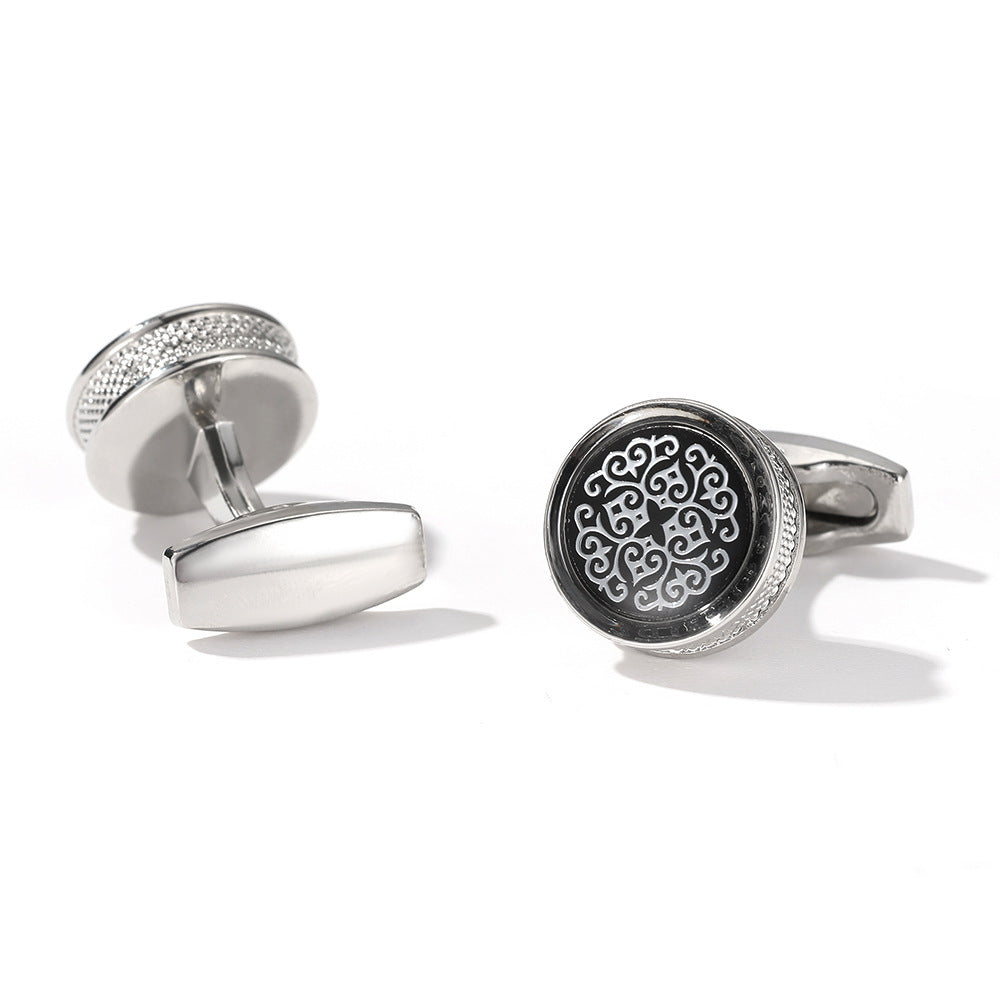 Men's Yellow Pattern Round Silver Cufflinks