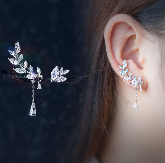 925 Silver Asymmetrical Diamond Leaf Earrings
