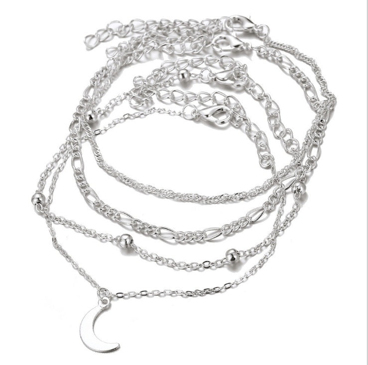 Layered Silver Anklet Set with Moon Pendant & Beads