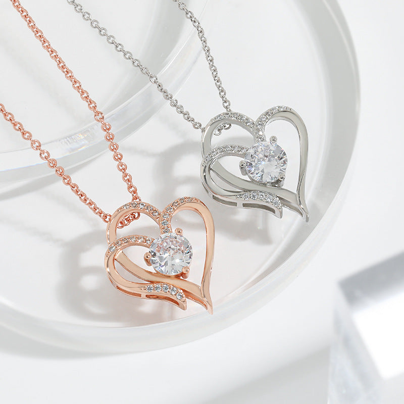 Zircon Double Love Heart Necklace - Rhinestone Clavicle Chain for Women