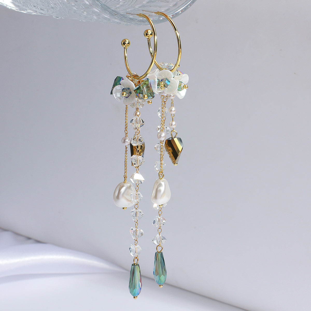Simulated Pearl & Crystal Flower Petal Drop Earrings