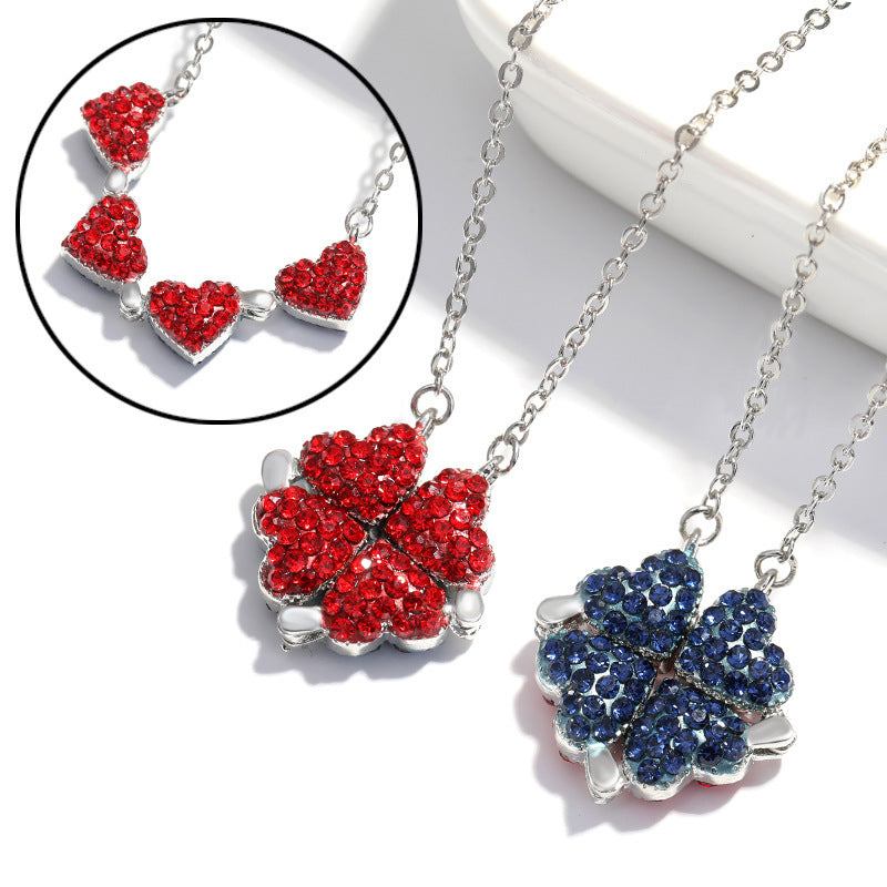 Magnetic Heart & Four-Leaf Clover Pendant Necklace