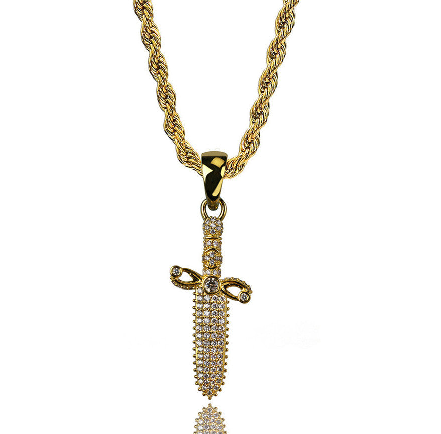 Dazzling Iced Out 925 Sterling Silver Dagger Pendant Necklace