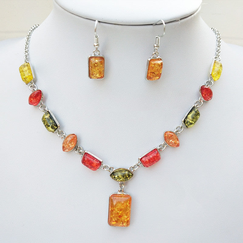 African Style Square Oval Amber Jewelry Set