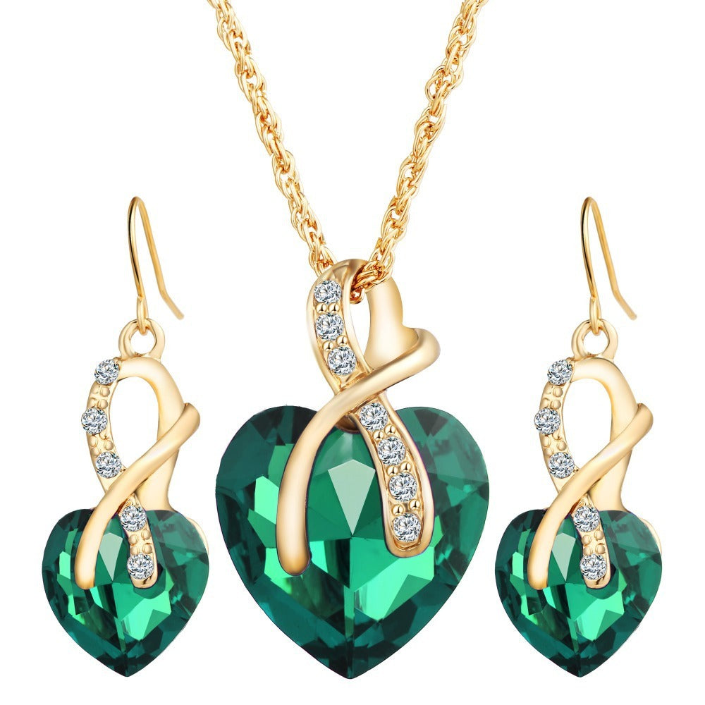 Sparkling Heart Zircon & Crystal Necklace and Earrings Set