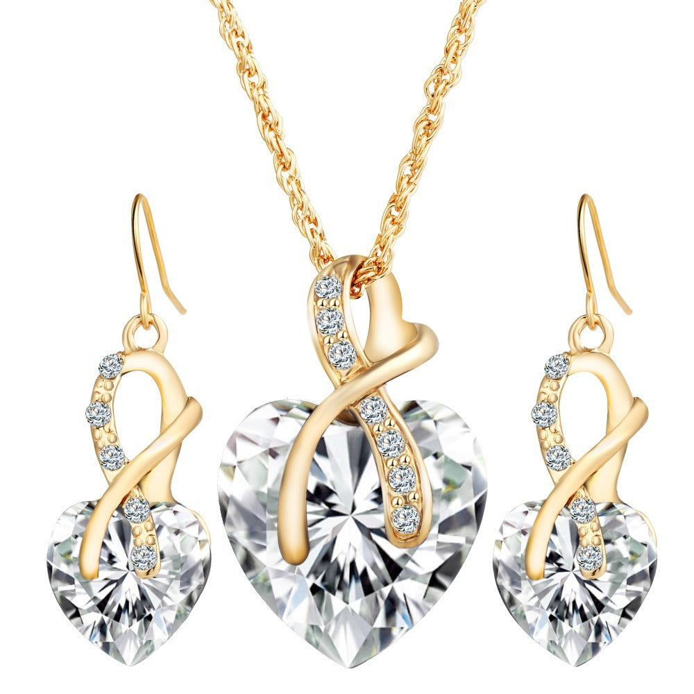 Sparkling Heart Zircon & Crystal Necklace and Earrings Set