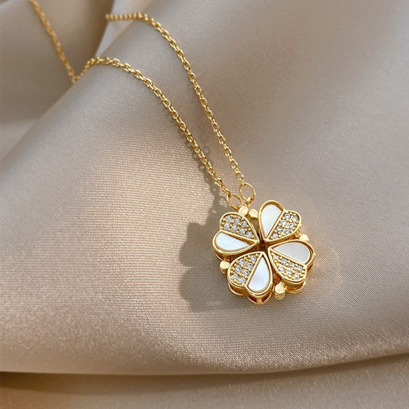 Luxury Four-Leaf Clover Pendant Necklace - Stainless Steel Crystal Heart
