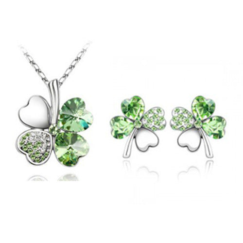 Lucky Four-Leaf Clover Crystal Necklace and Earrings Set