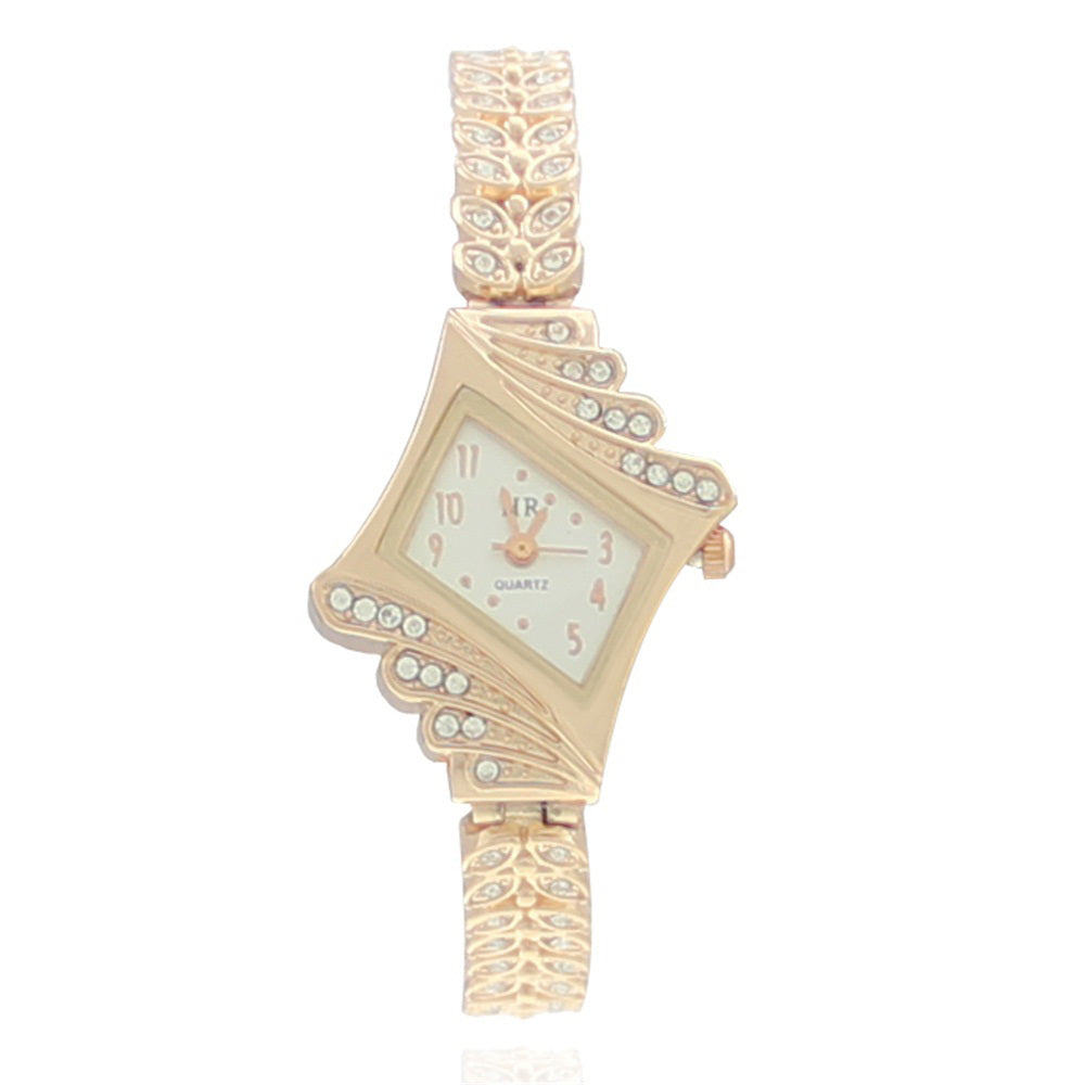 Elegant Rose Gold Stone Paved Wheat Shaped Wristwatch