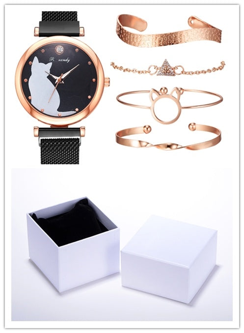 Women's 5-Piece Rose Gold Mesh Watch and Bracelet Set