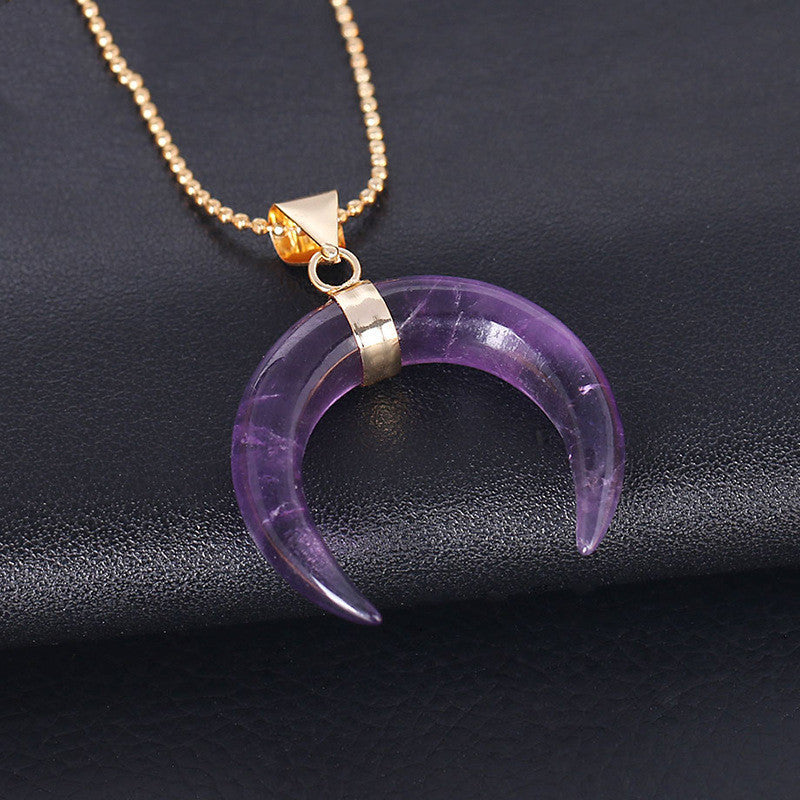 Crystal Semi-Precious Stone Moon Pendant Necklace - Natural Healing Charm