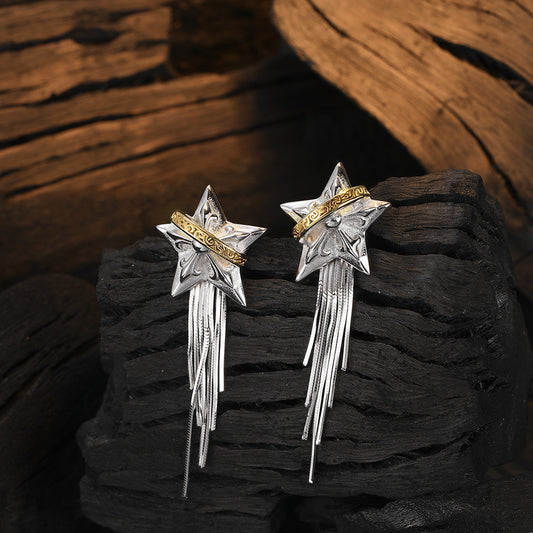 925 Sterling Silver Tassel Five-pointed Star Earrings